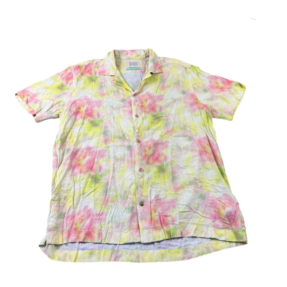 Scotch & Soda Mens Yellow Pink Linen Viscose Short Sleeve Button Front Shirt M
